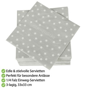 Bestlivings Servietten, 80er Pack, 33x33 cm, grau mit Sternenmuster für festliche Tischdeko.