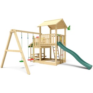 Jungle Gym Spielturm Skyline mit Doppelschaukel, Rutsche und Picknick Modul aus Holz.