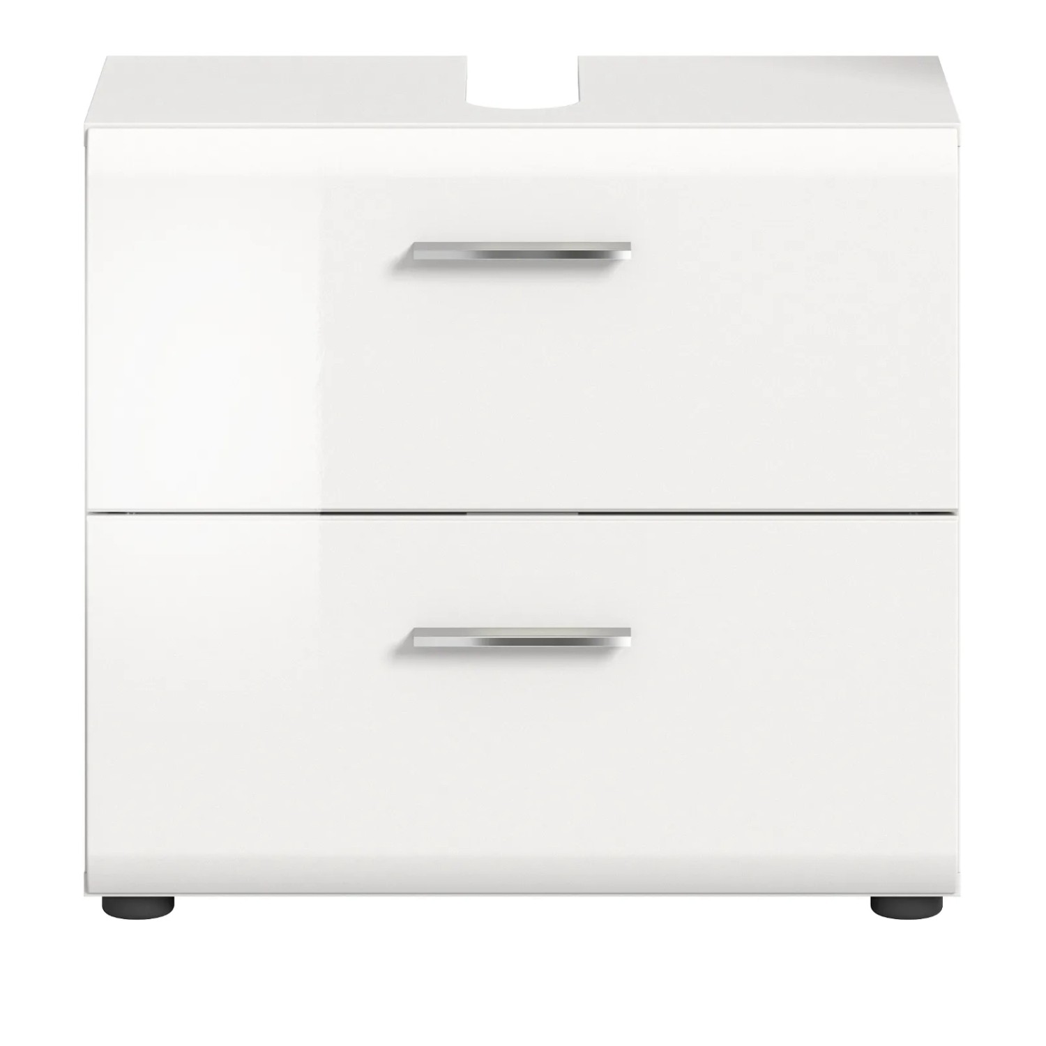 Moderner weißer Hochglanz Waschbeckenunterschrank Cover, 60 cm, mit 2 Schubkästen und silbernen Griffen.