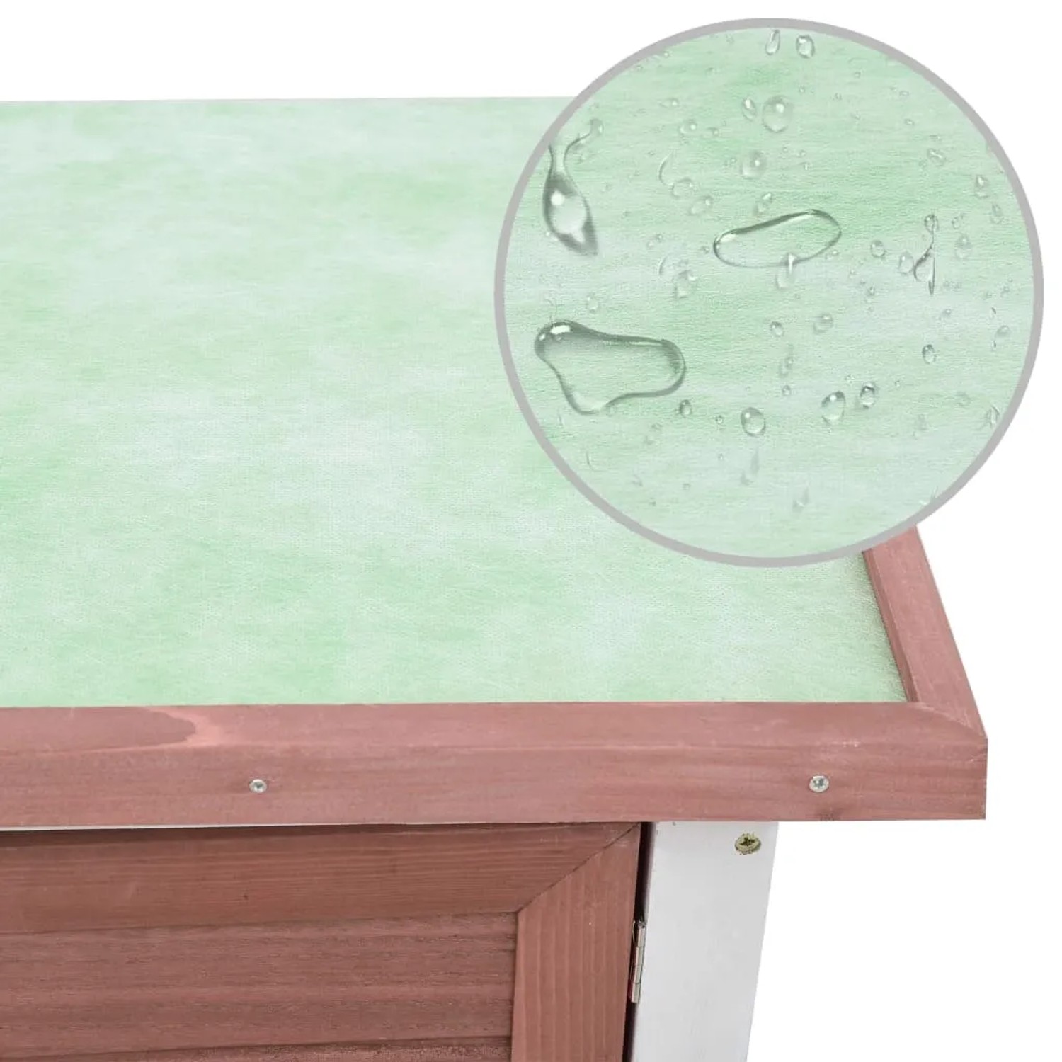 Detailaufnahme: Wasserdichtes Dach des braunen vidaXL Kaninchenstalls aus Holz.