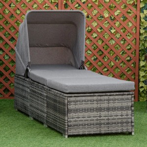 Graue Polyrattan Sonnenliege mit verstellbarem Sonnendach und Kissen für Garten oder Terrasse.