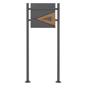 Moderner Standbriefkasten in Anthrazit mit Holzoptik und Zeitungsfach.