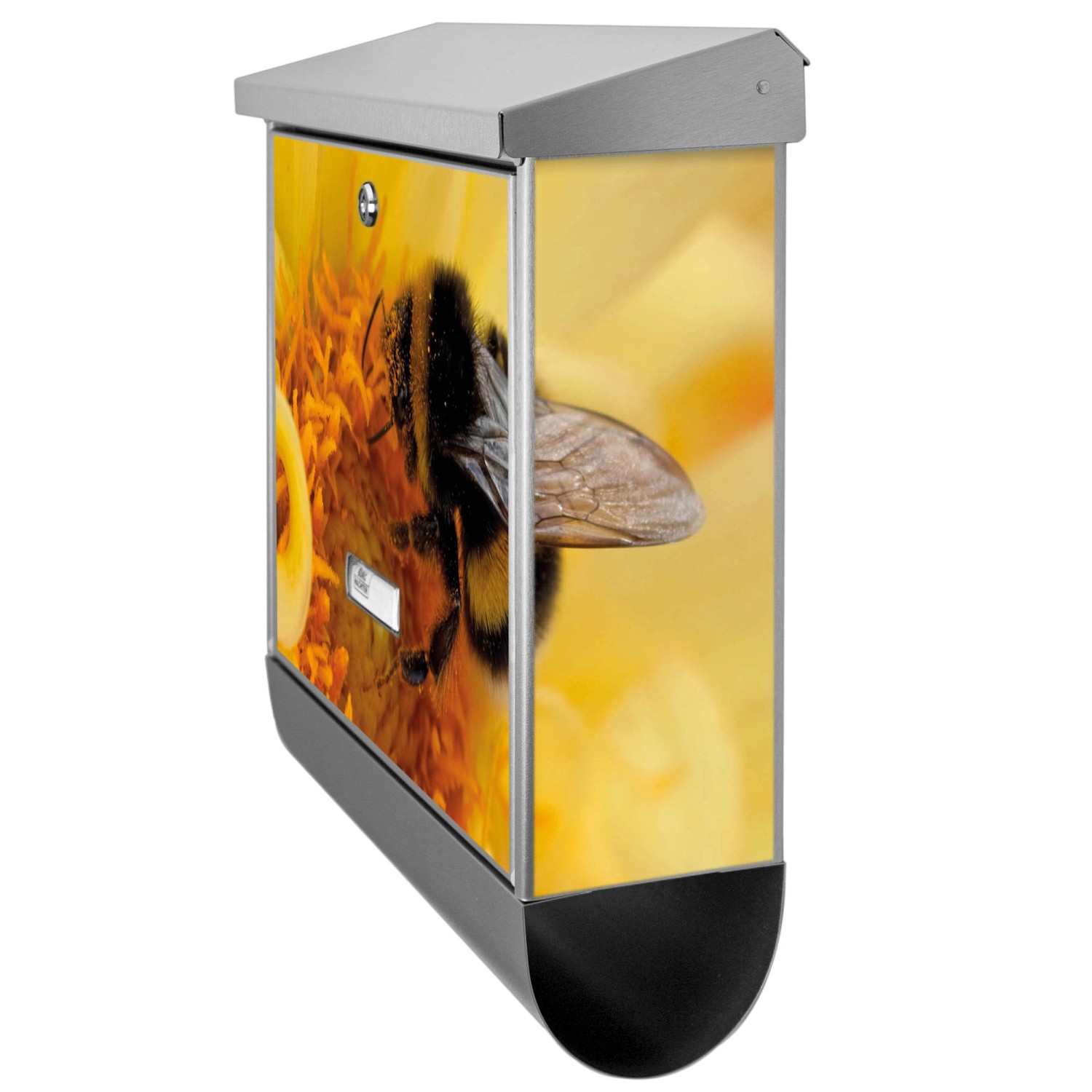 Edelstahl Briefkasten mit Zeitungsfach und Hummel Motiv, 38x39x12cm.