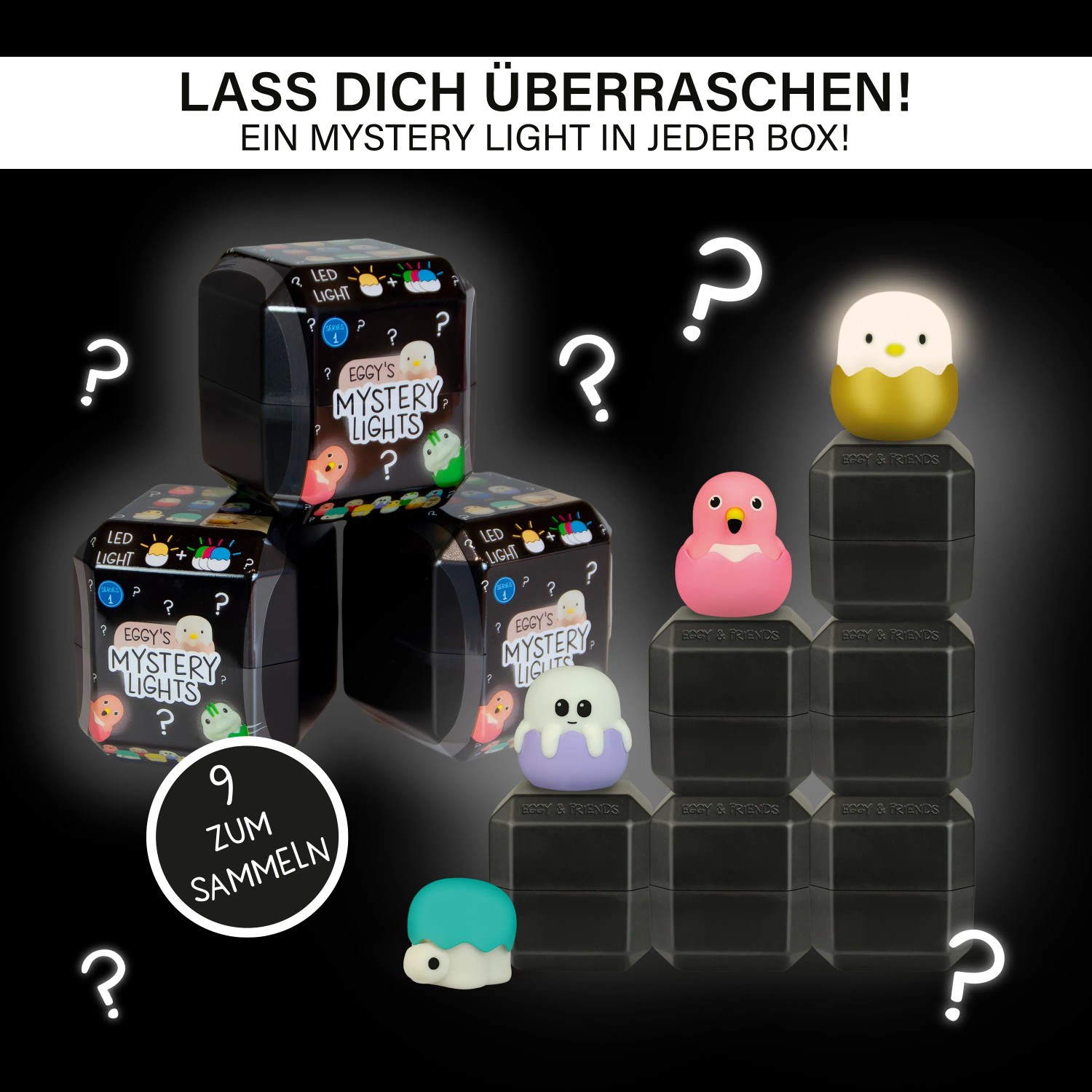 MegaLight Mini Lichter Eggy's Mystery Lights, verschiedene Figuren und Verpackungen.