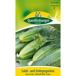 Samenpackung Quedlinburger Salat- und Einlegegurke Delikateß mit frischen Gurken.