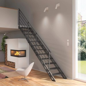 Treppen Intercon Raumspartreppe Onyx Stahlwangentreppe Lava-Anthrazit mit Stufenbreite 50 cm Buche Anthrazit Einseitiges Geländer 13 Stufen