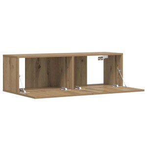 TV-Wandschrank Artisan-Eiche aus Holzwerkstoff mit 2 geöffneten Klapptüren. Moderner Hängeschrank für Wohnzimmer.
