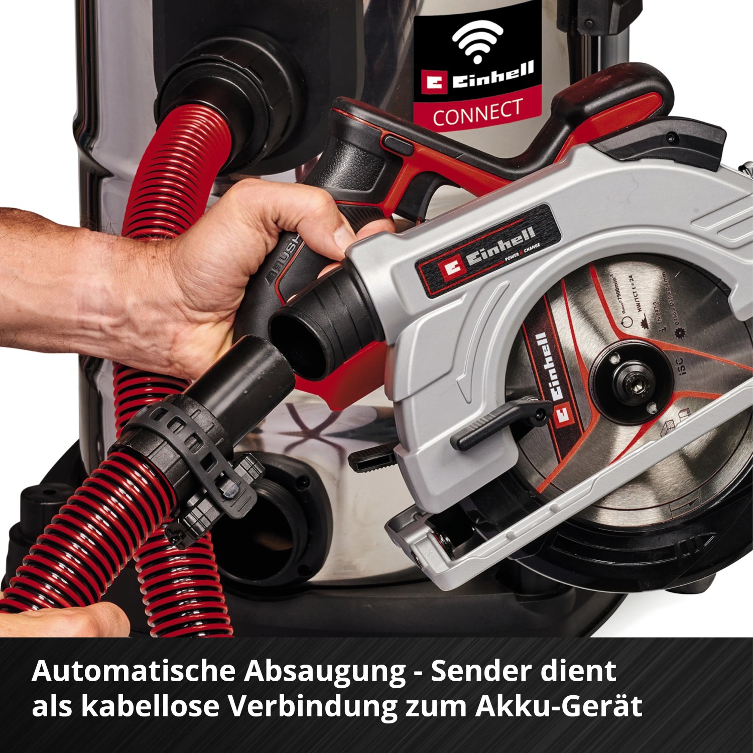 Einhell Akku-Nass-Trockensauger mit Kreissäge und Absaugung im Einsatz.