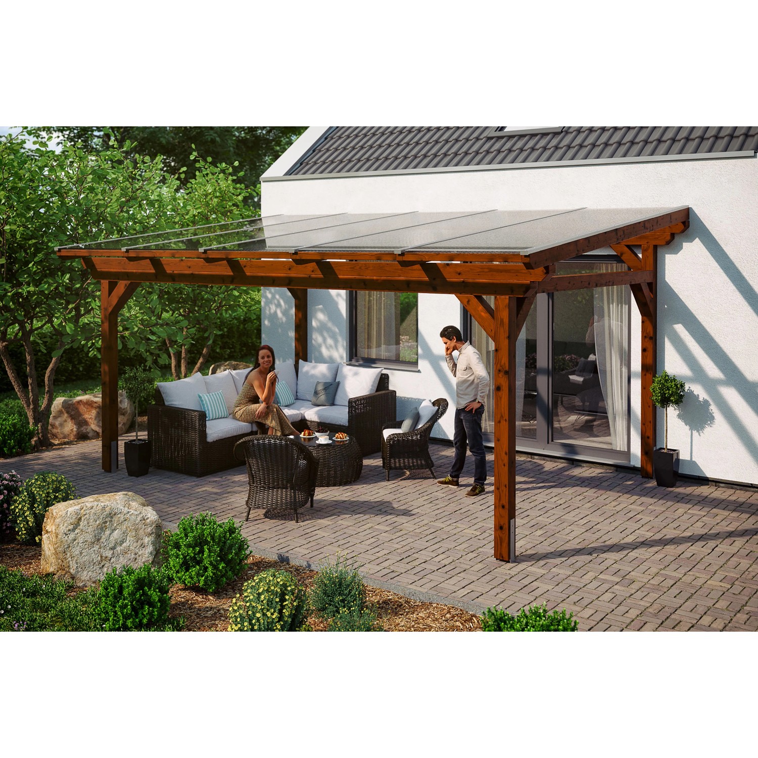 Skan Holz Terrassenüberdachung Sanremo 541 x 400 cm Leimholz Nussbaum