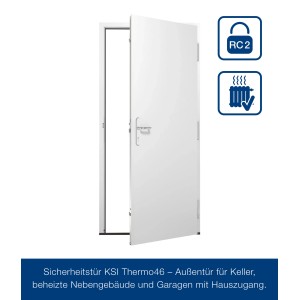 Geöffnete, weiße Hörmann Sicherheitstür KSI Thermo46 mit RC2 Sicherheitsausstattung.