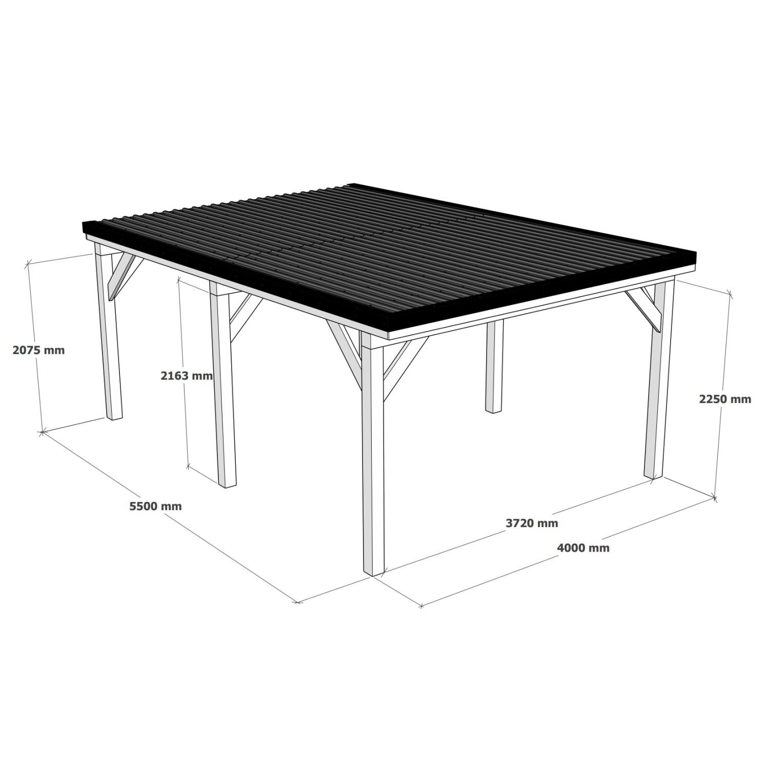 Holzbrüder Einzelcarport Ralf, reinweiß mit schwarzem Blechdach, Maße: 400x600 cm.