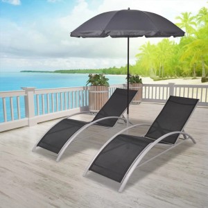 VidaXL Sonnenliegen mit Schirm, Aluminium, Schwarz, 2er Set mit Sonnenschirm für Garten oder Terrasse.