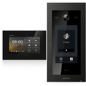 Schwarze Balter EVO HD Video Türsprechanlage mit 7 Zoll Touchscreen Monitor und Türstation für Einfamilienhaus.