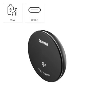 Rundes Hama Qi2 kabelloses Ladegerät, schwarz mit silbernem Rand, 15W Schnellladen, USB-C.