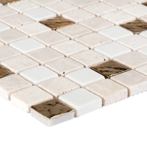 Mosaik Marmor Roma Gold, 30x30 cm: Quadratische Fliesen in Weiß, Beige und Gold.