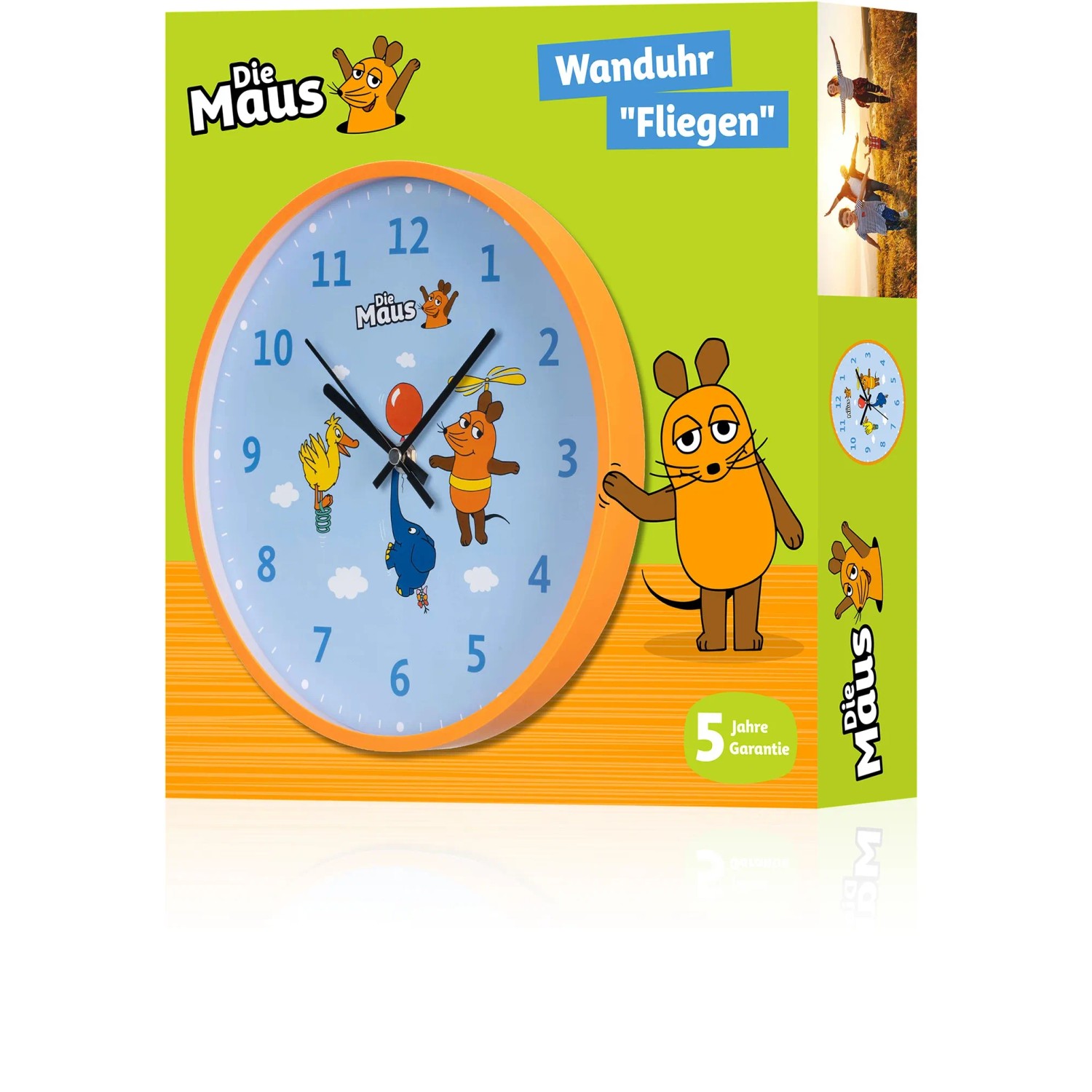 DieMaus Kinderwanduhr mit Elefant-Motiv, Ø 25 cm, blaue Uhr mit Maus-Motiven. Ideal für Kinderzimmer.
