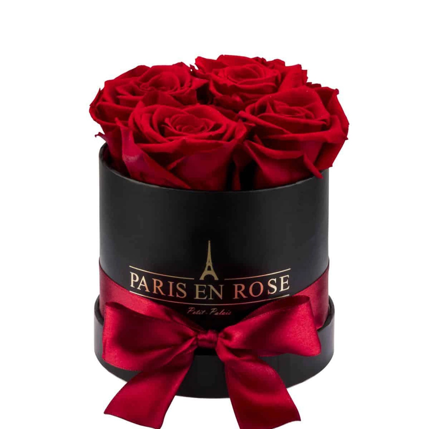 Rosenbox Ø 10 cm Schwarz mit Schleife und 4 Roten Rosen