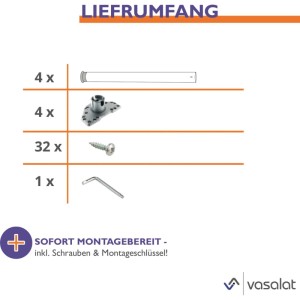 Lieferumfang: 4 Tischbeine, 4 Befestigungsplatten, 32 Schrauben, 1 Montageschlüssel für Camar Zoom Tischbein Set.