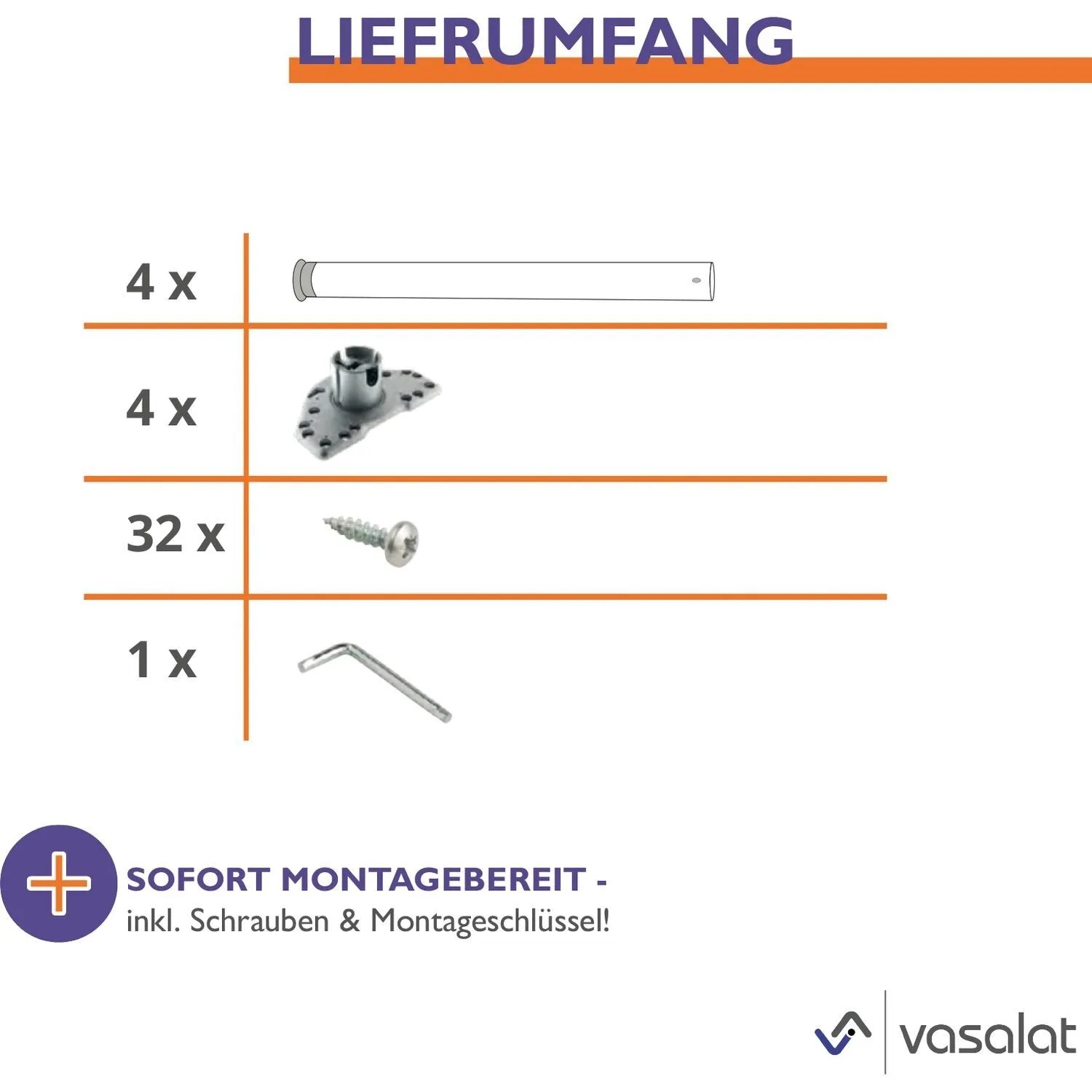 Lieferumfang: 4 Tischbeine, 4 Befestigungsplatten, 32 Schrauben, 1 Montageschlüssel für Camar Zoom Tischbein Set.