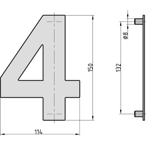 Technische Zeichnung der Edelstahl Hausnummer 4 (150mm hoch) von Basi, zur Montage an der Hauswand.