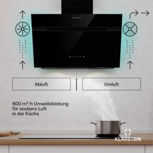 Schwarze Klarstein Alina Dunstabzugshaube mit Touch-Bedienfeld und LED-Beleuchtung über einem Kochfeld.