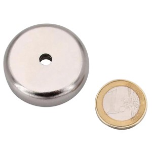 Verchromter Tifler Topfmagnet Neodym, Ø 38mm, mit Bohrloch und Euro-Münze als Größenvergleich.