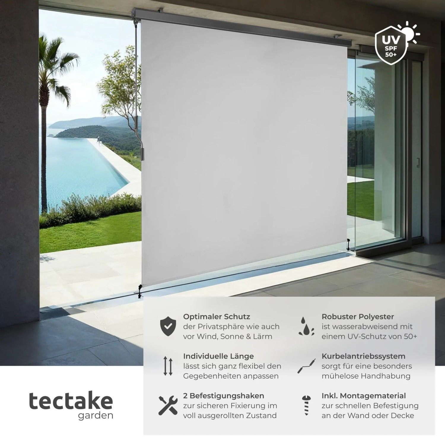Hellgraue Tectake Senkrechtmarkise Eloise, 200x250 cm, ausgefahren auf Terrasse, bietet UV-Schutz 50+ und Sichtschutz.