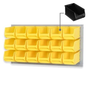 Graue PROREGAL Systemplatte mit 18 gelben Sichtlagerboxen. Aufbewahrungssystem für Werkstatt, Lager oder Garage.