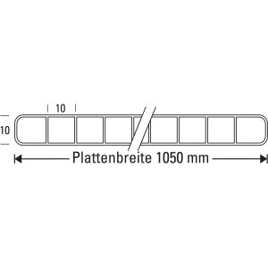 Skizze einer Salux Polycarbonat Hohlkammerplatte (1050 mm breit, 10 mm dick).