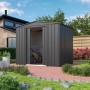 Globel Metall-Gerätehaus Gartenmanager Dream 65 in Anthrazit mit geöffneter Tür und Fahrrad im Inneren.