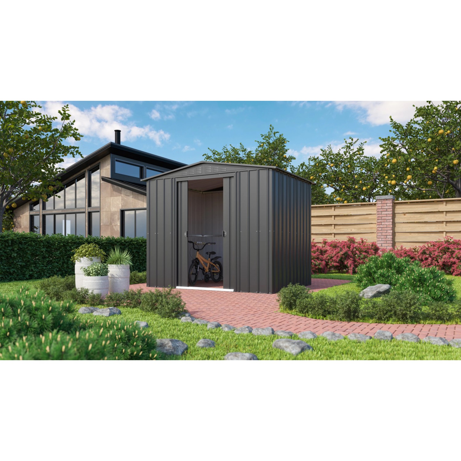 Globel Metall-Gerätehaus Gartenmanager Dream 65 in Anthrazit mit geöffneter Tür und Fahrrad im Inneren.