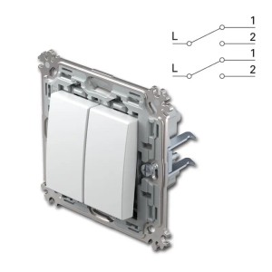 Weißer TEM MODUL PLUS Doppel-Wechsel-Schalter mit Metallrahmen und Schaltplan. Ideal für Elektroinstallationen.