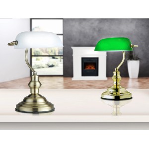 Globo Tischleuchte Antique aus Messing mit grünem und weißem Glasschirm.
