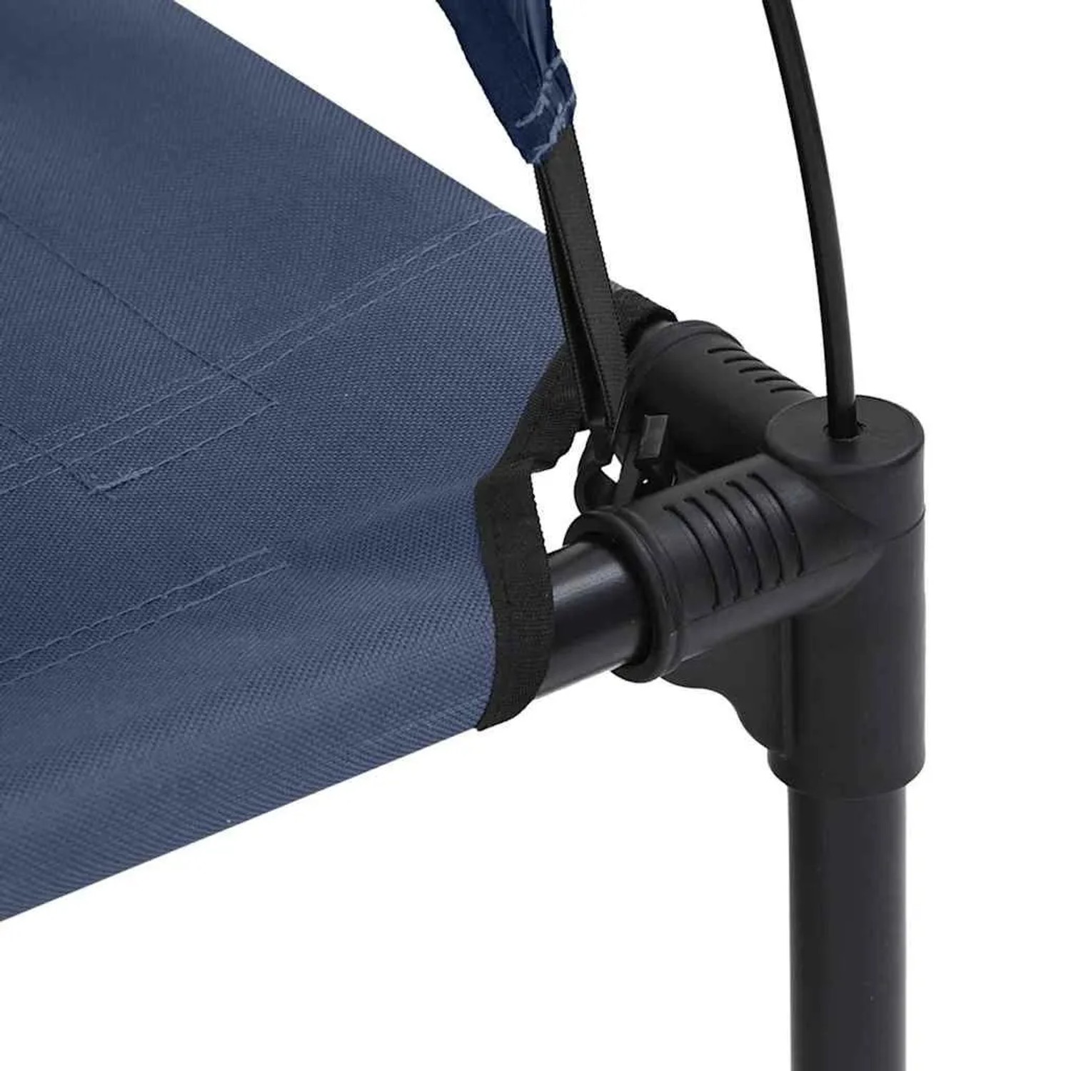 Detailaufnahme: Marineblaues vidaXL Hundebett mit Stahlrahmen und Befestigung.