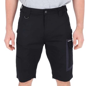 Eliworx Workwear Shorts Anthrazit-Schwarz mit Stifttasche, D-Ring und Reflexstreifen für Arbeitskleidung.