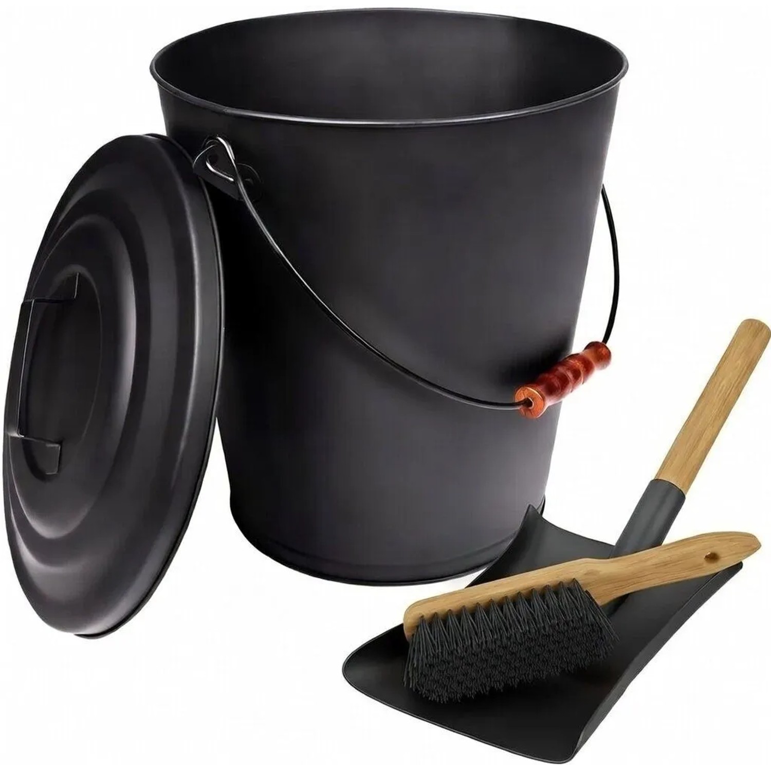 BLACK OAK Ascheeimer SANTORINI 25L mit Deckel, Schaufel und Handfeger – Großer Aschebehälter aus Metall für Kaminofen & ...