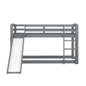 Graues KOMHTOM Etagenbett 90x200cm aus Massivholz mit Rutsche und Leiter für Kinder und Jugendliche.