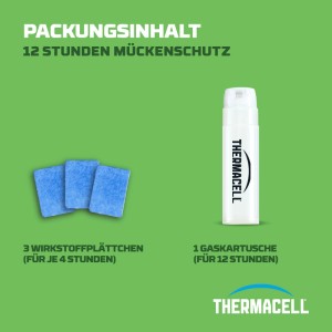 Thermacell Nachfüllpackung: 3 Wirkstoffplättchen und 1 Gaskartusche für 12 Stunden Mückenschutz.
