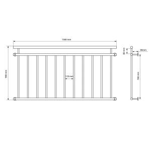 Technische Zeichnung: Anthrazitfarbener, französischer Balkon, 156x90cm, mit 11 Füllstäben.