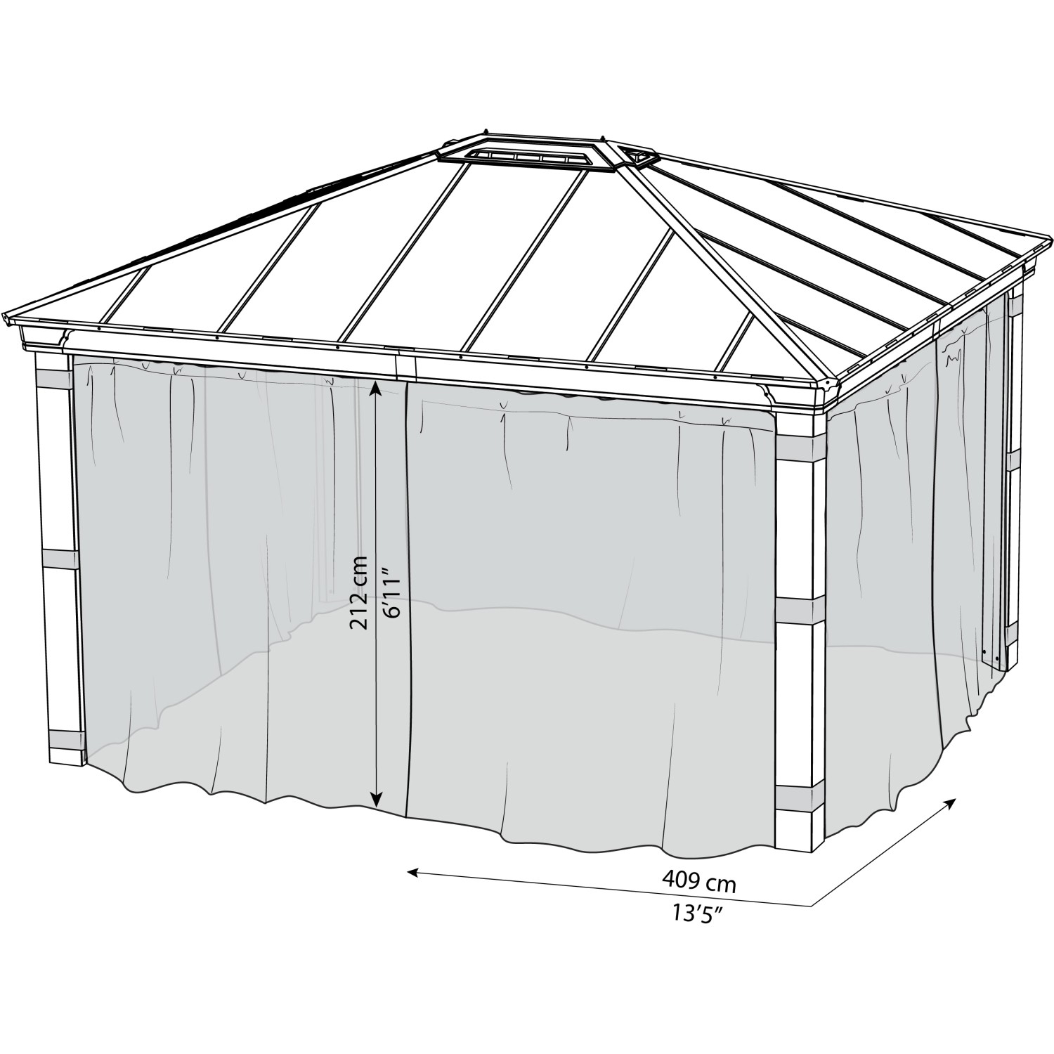 Palram Canopia Insektenschutz für Pavillon Dallas 4300, dunkelgraues Netz mit Maßen.