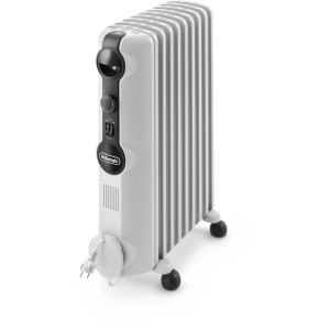 DeLonghi Radiator TRRS 0920 mit 9 Heizrippen, 900-2000W, weiß, mit Bedienelementen und Rollen.