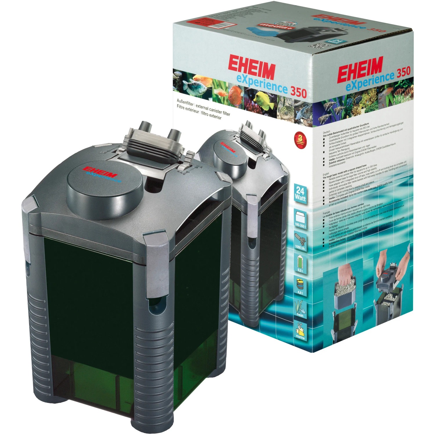 Eheim EXperience 350 Außenfilter für Aquarien, mit Verpackung.
