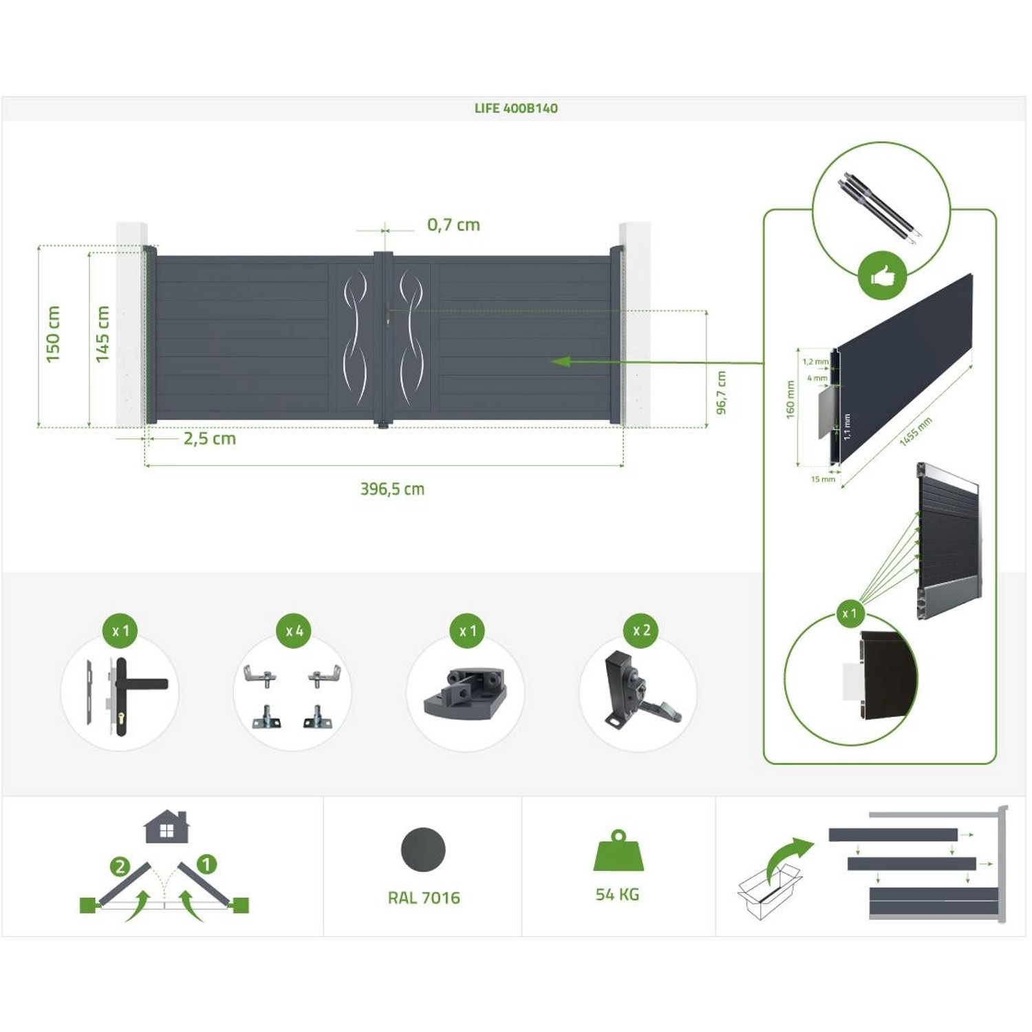 Technische Zeichnung: Casanoov Flügeltor elektrisch, 4m breit, 140cm hoch, mit Drehtorantrieb und Zubehör.
