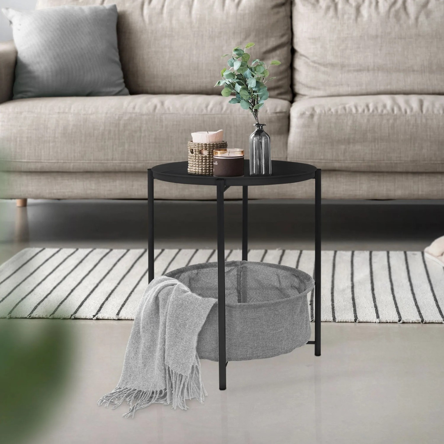 ML-Design Beistelltisch, rund, anthrazit mit Stoffkorb. Wohnzimmertisch aus Metall, 46x51 cm.
