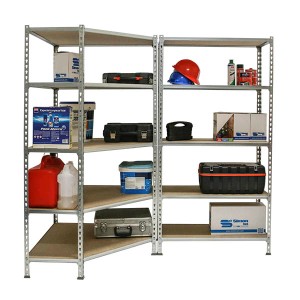 Verzinktes PROREGAL Mega Deal Eckregal & Schwerlastregal mit 5 Böden, beladen.