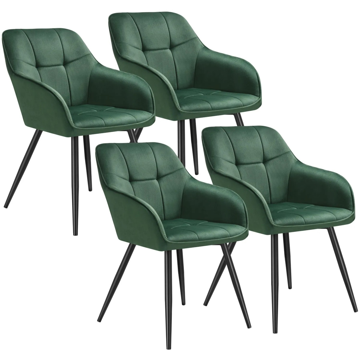 Tectake Esszimmerstuhl Marilyn Gepolstert  In Samtoptik  Gesteppt Durchgehende Lehne 4Er Set 62 x 58 x 82 cm Dunkelgrün Schwarz