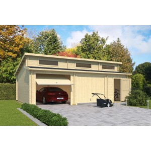 Lasita Garage Hawaii Set: Doppelgarage aus Holz mit Schwingtoren, naturbelassen, mit Auto und Gartengerät.