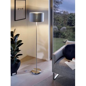 Moderne Eglo Stehleuchte Maserlo, grau-silberner Stoffschirm, Metallfuß, 1-flammig, E27, 60W.