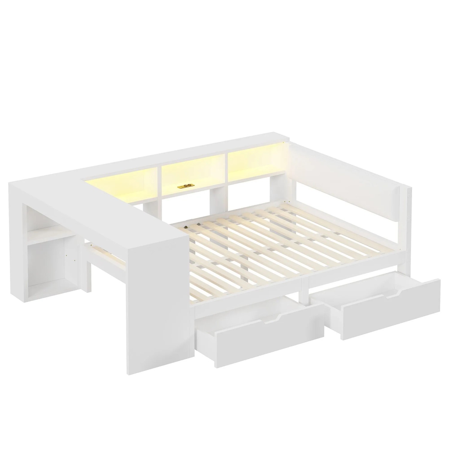 Merax Plattformbett 140x200 cm mit LED USB Schubladen Kopfteil Weiß