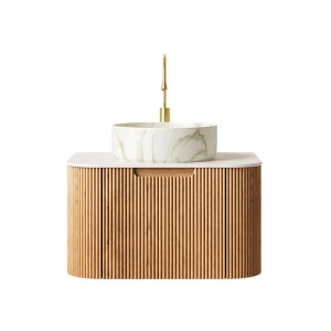 PXloue Badmöbel Waschtisch mit Unterschrank 61 cm  Glas Waschbecken Rund  Weiß Holzoptik Vormontiert